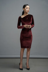 Asymmetrical Neck Velvet Bodycon Dress with Long Sleeves and Pearl Shoulder Detail
